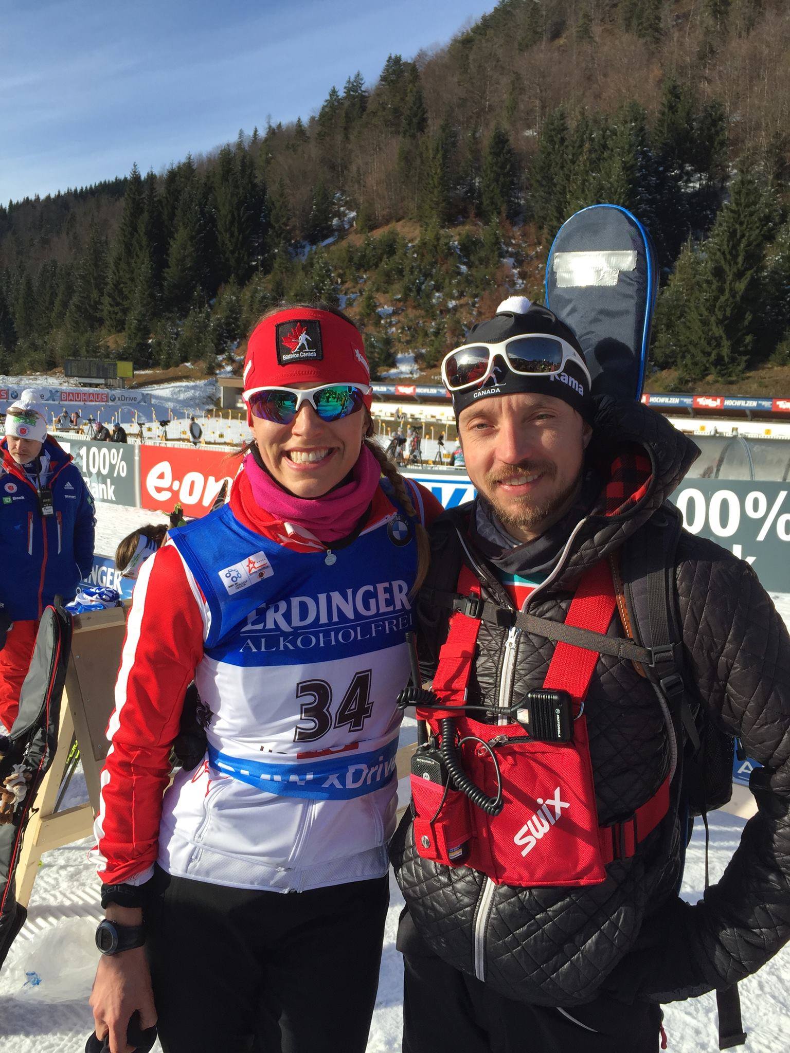 Rosanna Crawford with coach Roddy Ward after placing a career-best fifth in the IBU World Cup 10 k pursuit on Sunday in Hochfilzen, Austria. “Such a fun race today, I moved from 34th to 5th for a new personal best with 19-for-20 shooting,” Crawford wrote on Facebook. (Photo: Chris Lindsay)