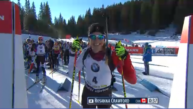 Rosanna Crawford (Biathlon Canada) smiling for the camera before the start of the IBU World Cup 10 k pursuit on Saturday in Pokljuka, Slovenia. She started fourth and finished seventh. 