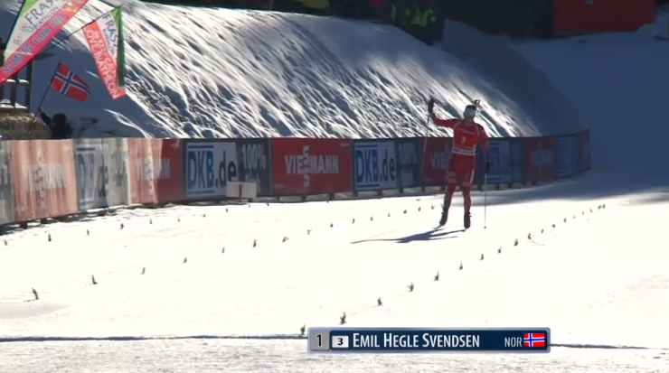 Svendsen waves to the crowd in Pokljuka, Slovenia, before winning the men's 12.5 k pursuit on Saturday for his second IBU World Cup win of the season.
