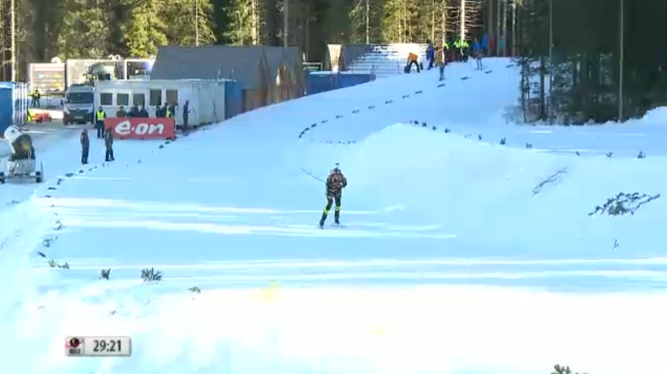 France's Anais Bescond leading on her own with one lap to go in the Pokljuka mass start