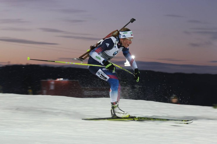 Susan Dunklee had the ninth-fastest course time of all women in the Ostersund sprint, but that couldn't overcome problems on the range. Photo: USBA/NordicFocus.com.