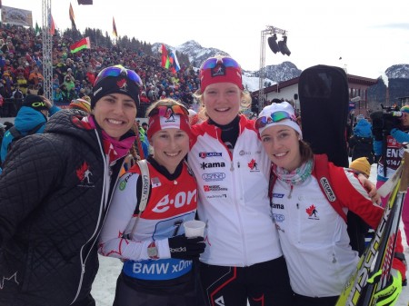 The Canadian women's relay team after placing 11th on Saturday: (from left to right) Rosanna Crawford, Audrey Vaillancourt, Sarah Beaudry, and Megan Heinicke. (Photo: Rosanna Crawford)