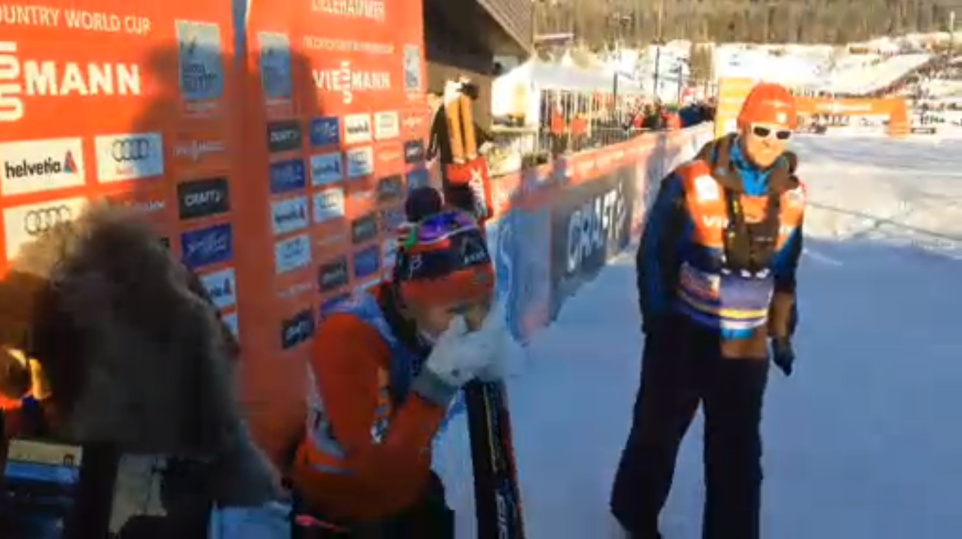 Norway's Therese Johaug realizing she won Saturday's 5 k freestyle on the second day of the Lillehammer World Cup mini tour by 0.3 seconds over teammate Marit Bjørgen. (Aftenposten.no video) 