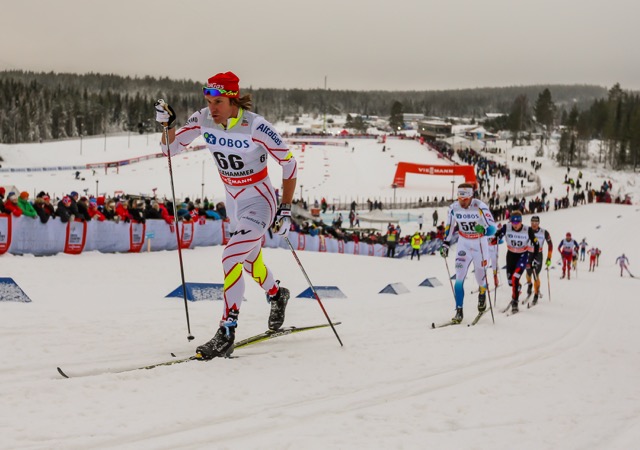 Devon Kershaw strides up a hill in Sunday's 15 k classic pursuit in Lillehammer Norway. The three-race series made up a World Cup mini tour. Kershaw ended the Tour in 41st position. (Photo: Fischer/Nordic Focus)  
