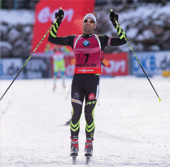 France's Martin Fourcade celebrates the finish of Sunday's IBU World Cup 12.5 k pursuit in Hochfilzen, Austria, which he won by 4.1 seconds over Germany's Simon Schempp. (Photo: Martin Fourcade/Instagram)