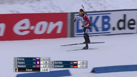 Canada's anchor Scott Perras pushing for sixth in the finishing straight of Saturday's IBU World Cup 4 x 7.5 k men's relay in Hochfilzen, Austria.