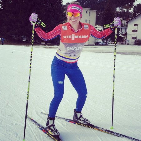 Jessie Diggins ready to go in her Podiumwear race suit during her prologue-practice day about a week ago in Davos, Switzerland.