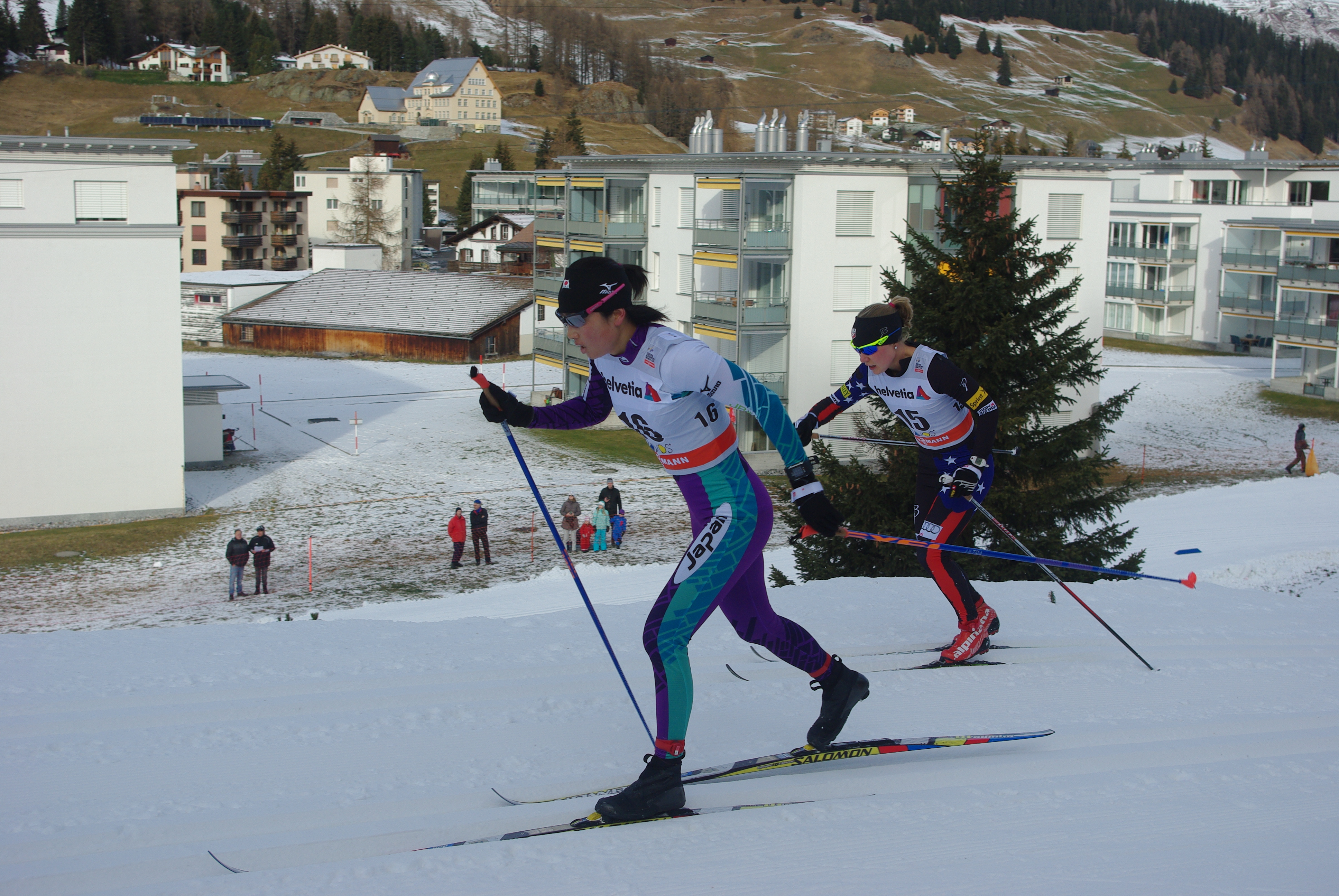 Ida Sargent (right) racing to a frustrating 47th-place finish in the 10 k classic yesterday. What a difference a day makes: she was happy with a 16th-place finish in today's skate sprint, and what she called her best skate qualifier ever.