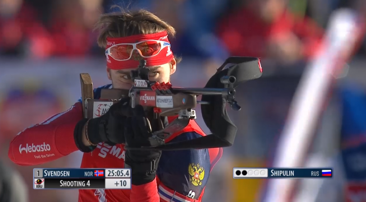 Russian runner-up Anton Shipulin cleaned his final standing stage in the Pokljuka pursuit, but was unable to close the gap to Norway's Emil Hegle Svendsen in first.