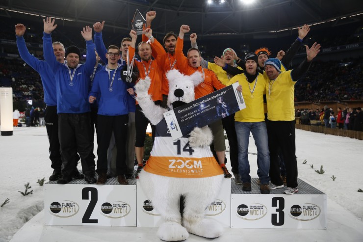 The podium from the snowball fight. Photo: Karsten Rabas/www.biathlon-aufschalke.de.