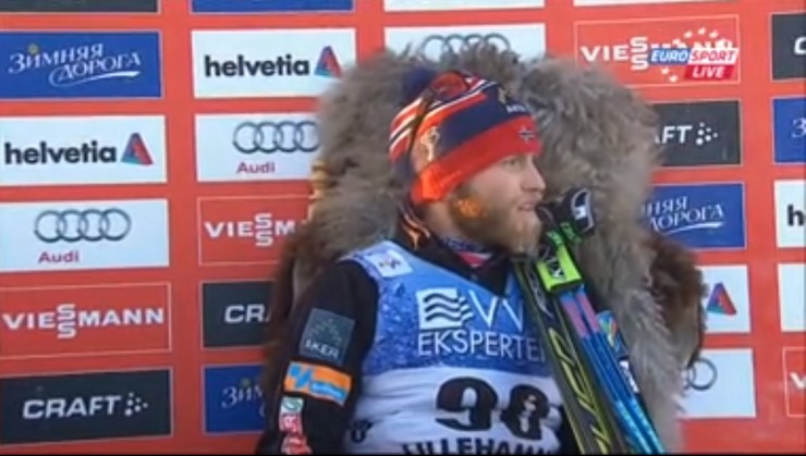 Norway's Martin Johnsrud Sundby quietly awaiting his fate while sitting in the leader's chair near the end of the men's Lillehammer World Cup 10 k freestyle on Saturday. He ended up holding off Sweden's Calle Halfvarsson, then teammate Finn Hågen Krogh, for the 2.2-second victory.