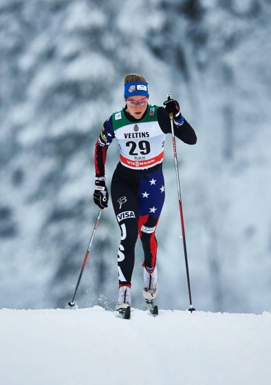 Sadie Bjornsen (U.S. Ski Team) racing to 29th in the World Cup classic sprint on Saturday in Kuusamo, Finland. On Sunday, she placed 17th in the 10 k classic to lead the U.S. (Photo: Fischer/Nordic Focus)