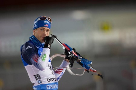 Tim Burke takes a moment on the range during Wednesday's 20 k in Östersund, Sweden, where he ended up 11th with three penalties. (Photo: USBA/NordicFocus)
