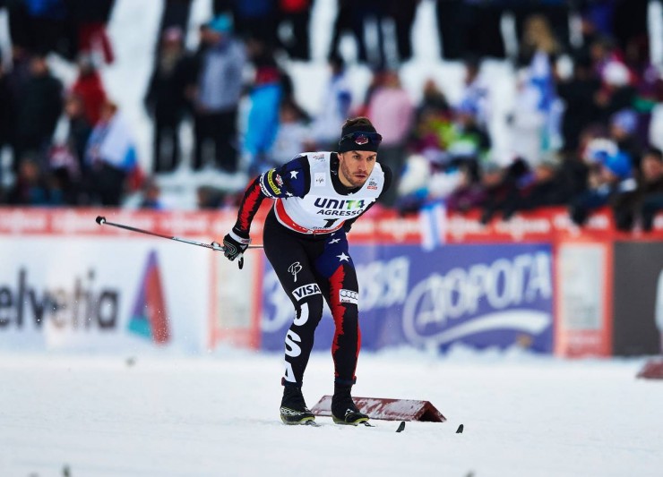 Simi Hamilton racing to 16th in the Kuusamo classic sprint, the first race of the 2014/2015 season. The next day, he placed 69th in the 15 k classic. (Photo: Fischer/Nordic Focus)