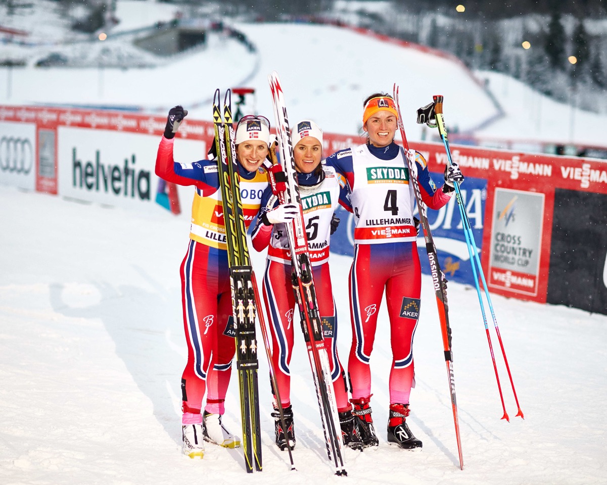 The all-Norwegian women's skate-sprint podium on Friday in Lillehammer, Norway: winner Marit Bjørgen (l), runner-up Celine Brun-Lie (r) and Heidi Weng (c) in third. (Photo: Fischer/NordicFocus)