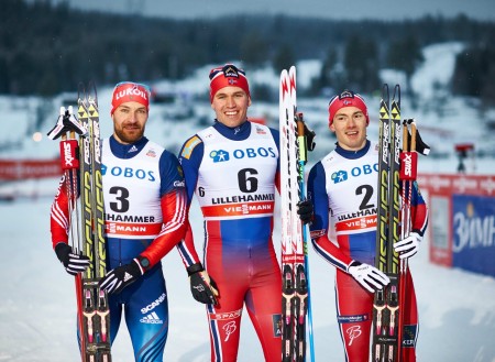 The men's 1.5 k freestyle sprint podium on Friday at the World Cup mini tour in Lillehammer, Norway, with Norway's Pål Golberg (c) in first, Russia's Alexey Petukhov in second (l) and Norway's Finn Hågen Krogh in third. (Photo: Fischer/NordicFocus)