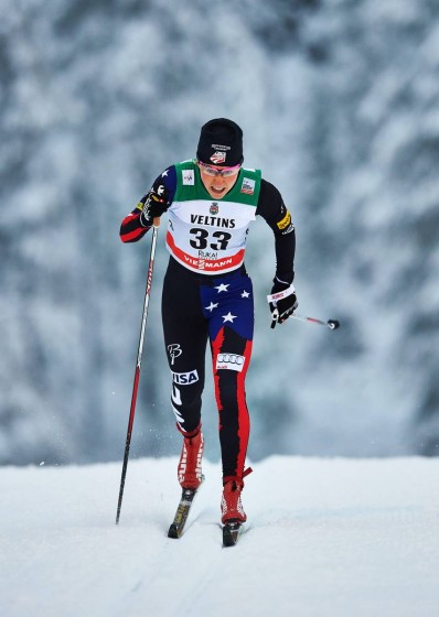 Ida Sargent racing to a career-best fifth in Saturday's classic sprint at the World Cup opener in Kuusamo, Finland. She placed 51st in the 10 k classic the next day. (Photo: Fischer/Nordic Focus)