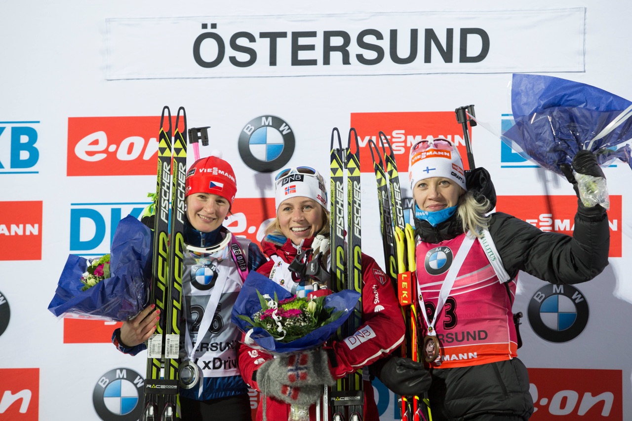 Women's sprint podium in Ostersund (l-r): Veronika Vitkova (CZE), Tiril Eckhoff (NOR), Kaisa Makarainen (FIN). Photo: Fischer/NordicFocus.com,