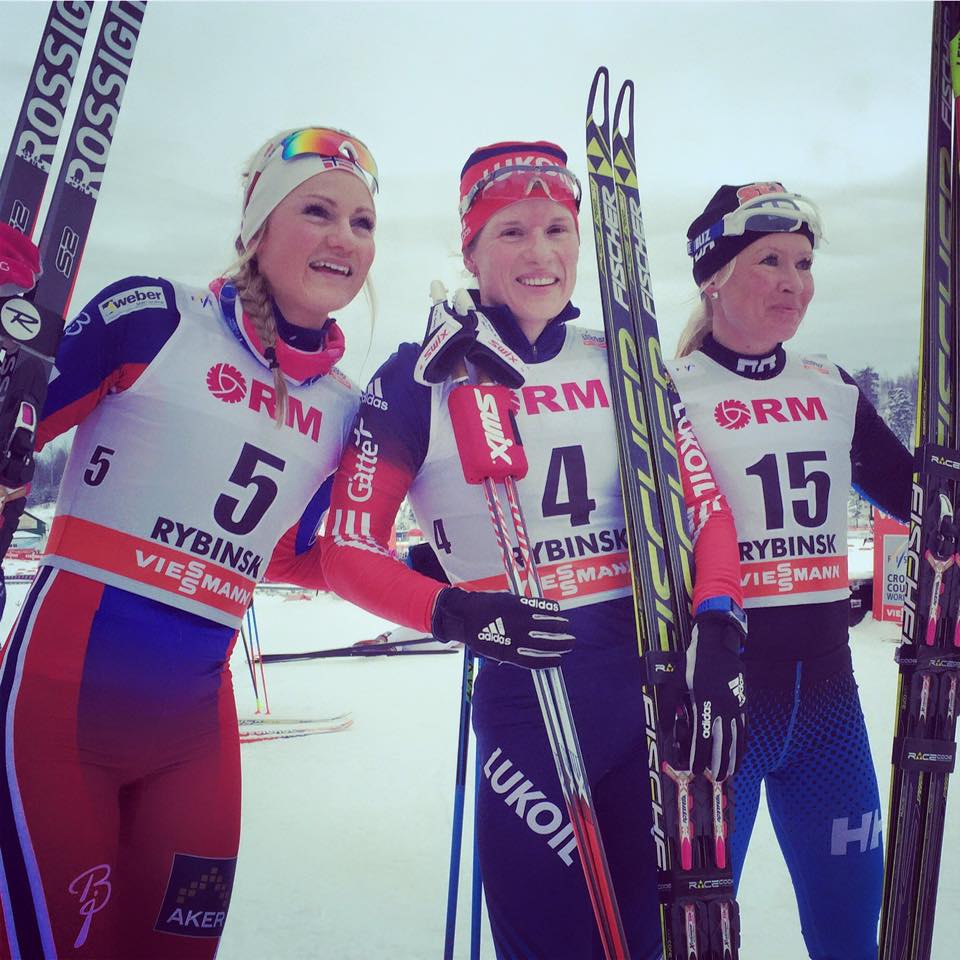 Women's 15 k skiathlon podium in Rybinsk, Russia (from left to right): Martine Ek Hagen of Norway (second), Yulia Tchekaleva of Russia (first), Ritta-Liisa Roponen of Finland (third) (Photo: FIS/Facebook) 