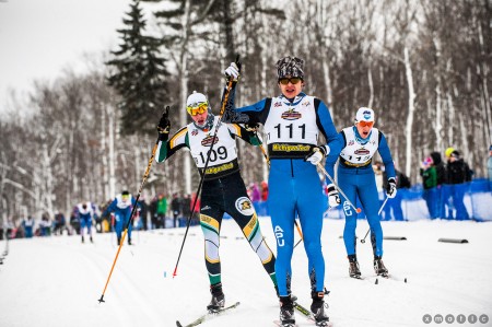 APU's Lex Treinen (111) celebrates his second-place finish and first national podium after the 30 k classic mass start at U.S. nationals in Houghton, Mich. (Photo: Christopher Schmidt)