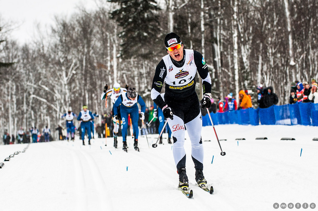Kris Freeman (Freebird) clinches his 17th national title in the men's 30 k classic mass start, ahead of APU's Lex Treinen (left, behind), NMU's Kyle Bratrud (behind Treinen) and APU's Eric Packer (behind Freeman at right), at U.S. Cross Country Championships on Thursday in Houghton, Mich. (Photo: Christopher Schmidt)