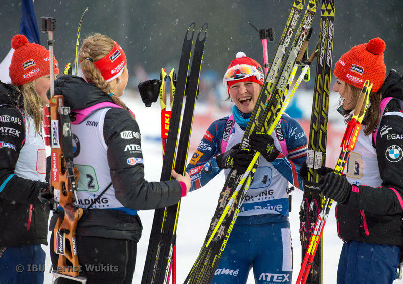 The Czech Republic women's 4 x 6 k team celebrates its second-straight relay win on Thursday at the IBU World Cup in Ruhpolding, Germany. (Photo: IBU/Ernst Wukits)