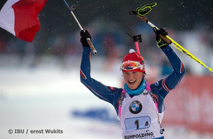 Veronika Vitkova anchoring the Czech Republic to a women's relay win in Ruhpolding, Germany, earlier this year; on Sunday she did it again in Oslo, Norway, to give her team three wins in four competitions so far this season. (Photo: IBU/Ernst Wukits)