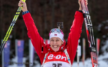 Norway's Fanny Welle-Strand Horn celebrates her first IBU World Cup win and podium on Friday after the 7.5 sprint in Ruhpolding, Germany. (Photo: IBU/Ernst Wukits)