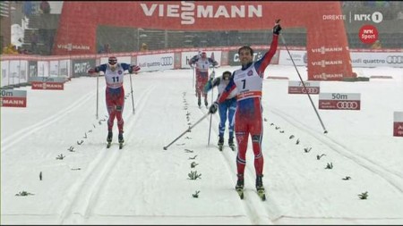 Norway's Tomas Northug (7) celebrates his first World Cup victory and podium on Saturday in the men's classic sprint in Otepää, Estonia, while teammate Ola Vigen Hattestad (l) challenges Finland's Toni Ketelae (in blue behind Northug) for second. 