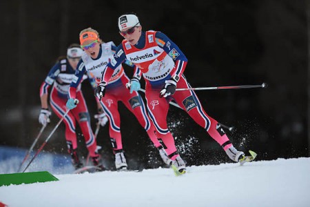 The Norwegian trio on course, with Marit Bjoergen in the lead. (Photo: Val di Fiemme/www.fiemmeworldcup.com)