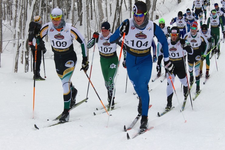 Kyle Bratrud (NMU) and Scott Patterson (APU) leading the U.S. nationals men's 30 k mass start around 2 k on Thursday in Houghton, Mich.