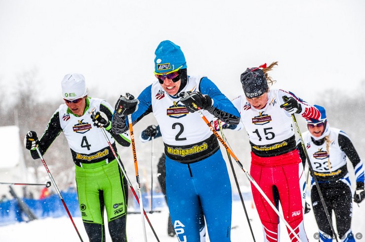 Rosie Brennan (c), leads Liz Guiney (l) and Anne Hart shortly after the start in the women's 1.5 k classic sprint final at U.S. Cross Country Championships in Houghton, Mich. (Photo: Christopher Schmidt)