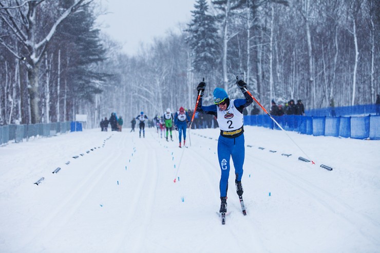 Rosie Brennan (APU) celebrates her definitive win in the women's 1.5 k classic sprint on Tuesday at U.S. Cross Country Championships in Houghton, Mich., where she notched her third national title. (Photo: Jake Ellingson)