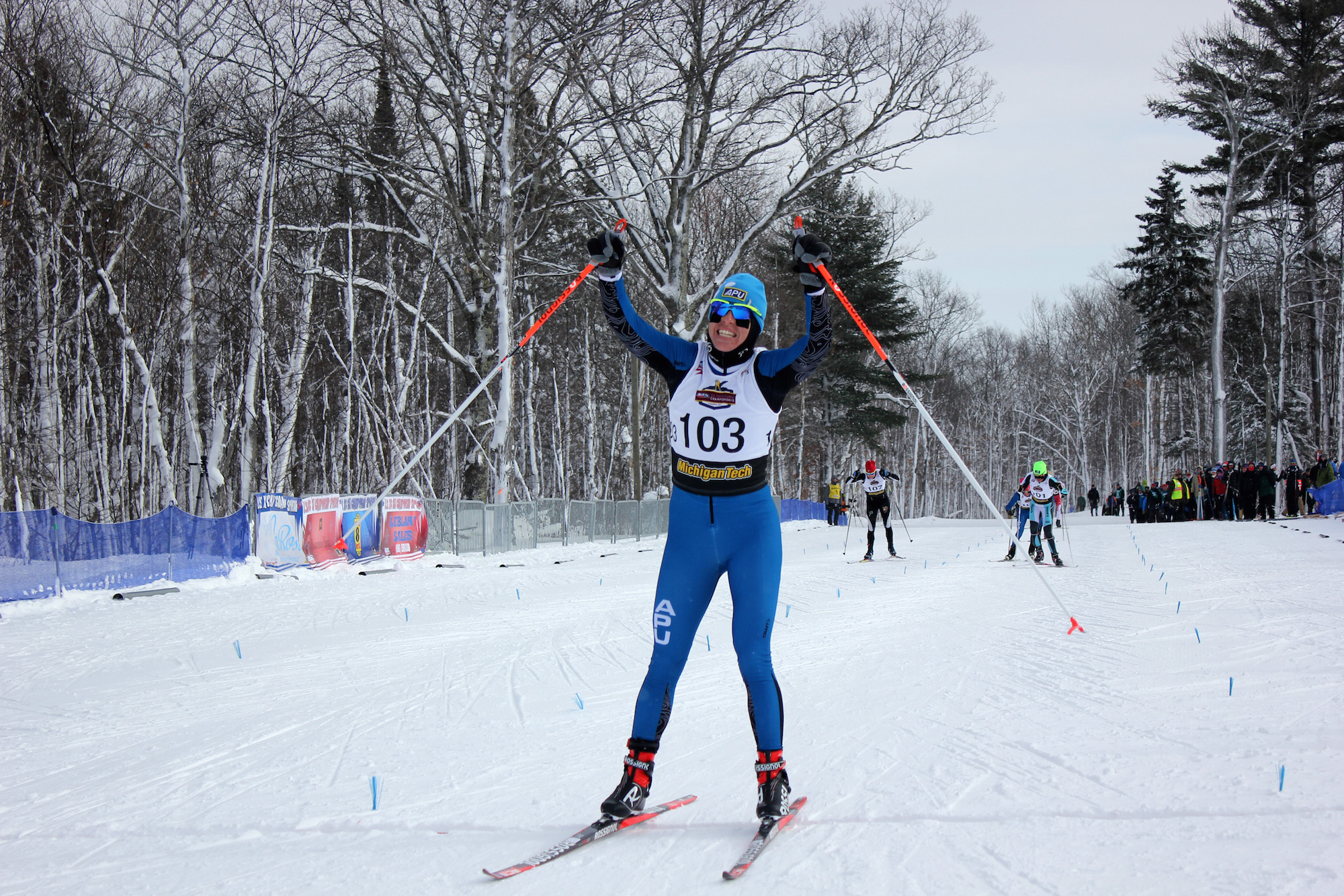 Alaska Pacific University's Rosie Brennan completes the trifecta in the last race of U.S. Cross Country Championships with a skate-sprint victory in Houghton, Mich.