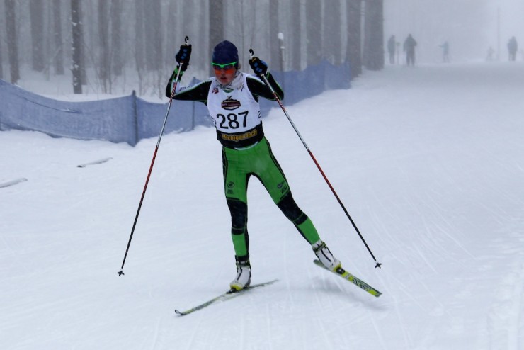 Caitlin Patterson (Craftsbury Green Racing Project) racing to fourth in the women's 10 k freestyle at 2015 Cross Country Championships in early January in Houghton, Mich. Patterson also notched second in the 20 k classic mass start at nationals.