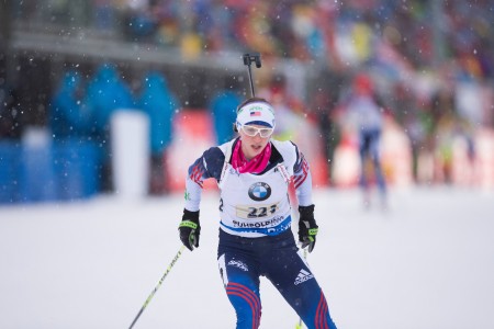 U.S. third leg Annelies Cook during the women's relay on Thursday in Ruhpolding, Germany. (Photo: USBA/NordicFocus)