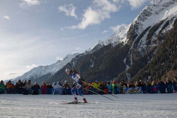 Annelies Cook during the women's 7.5 k sprint in Antholz, Italy. She placed 67th. (Photo: USBA/NordicFocus)