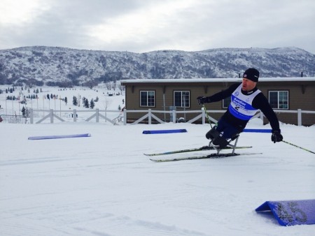 Lt. Dan Cnossen negotiates the final turn on the course 100 meters from the finish en route to his sprint-final victory at 2015 U.S. Paralympics Nordic Nationals at Soldier Hollow in Midway, Utah. (Photo: U.S. Paralympics Nordic Program)