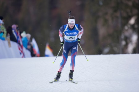 Sean Doherty skiing the second leg for the U.S. in Thursday's IBU World Cup 4 x 7.5 k relay in Ruhpolding, Germany. After receiving the tag in first, he handed off to Leif Nordgren in sixth. (Photo: USBA/NordicFocus)