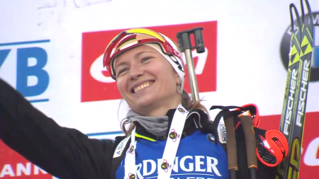 Darya Domracheva (Belarus) atop the IBU World Cup podium for the 21st time in her career after winning Friday's 7.5 k sprint in Antholz, Italy.