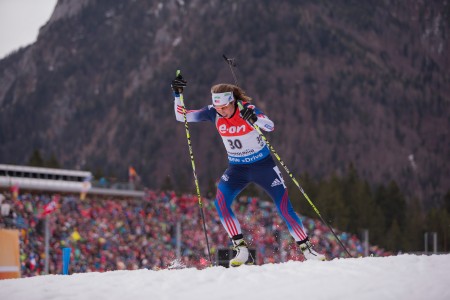 Susan Dunklee (US Biathlon) on her way to 26th on Friday in the women's 7.5 k sprint at the IBU World Cup in Ruhpolding, Germany. (Photo: USBA/NordicFocus)