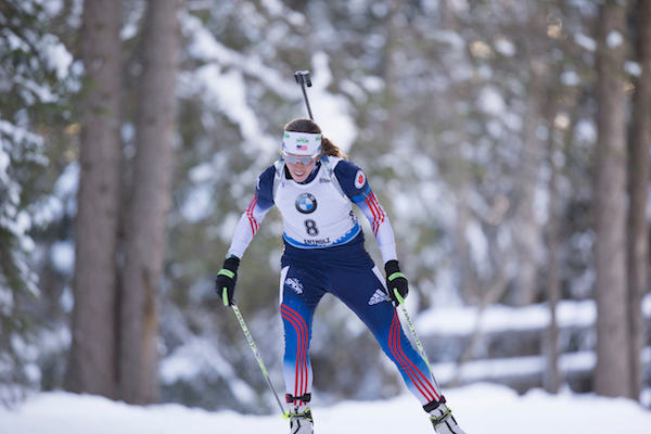American biathlete Susan Dunklee on course in the 10 k pursuit in Antholz, Italy, where she had the fifth-fastest course time and finished sixth. (Photo: USBA/NordicFocus)