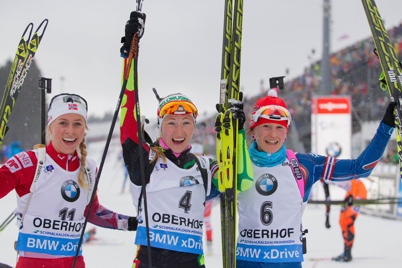 Tiril Eckhoff (NOR), Darya Domracheva (BLR) and Veronika Vitkova (CZE) claim the podium in Oberhof, Germany.  (photo: Fischer/Nordic Focus)