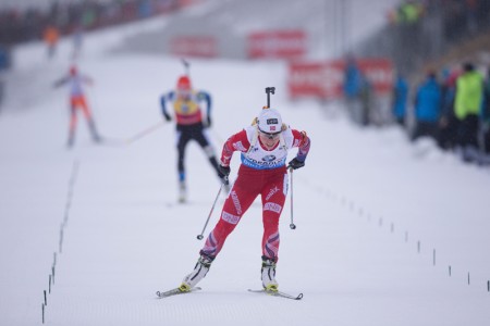 Tiril Eckhoff (NOR) comes to the finish in Oberhof, Germany.  (photo: Fischer/Nordic Focus)