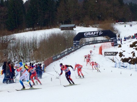 Simi Hamilton (bib 26) descends into the stadium on his way to finishing in 61st place during the second stage of the Tour de Ski, a 15 k classic pursuit in Oberstdorf, Germany (Photo: Graham Longford) 