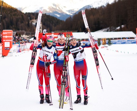 Norway's Ingvild Flugstad Oestberg (NOR), Marit Bjoergen (NOR), Heidi Weng (NOR), (l-r) sweep the podium in Val Mustair, Switzerland.  (photo: Fischer/Nordic Focus)