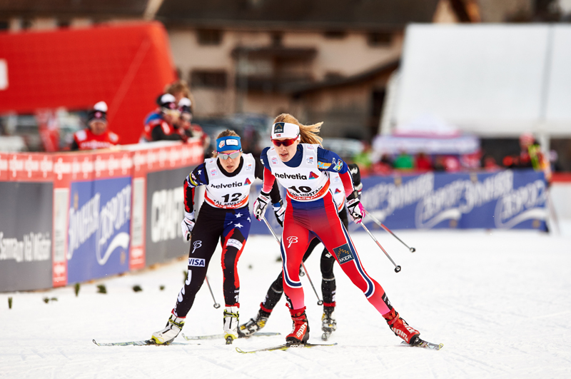 Sadie Bjornsen (USA) and Ragnhild Haga (NOR), (l-r) during today's Tour de Ski action in Val Mustair (SUI). (photo: Fischer/Nordic Focus)