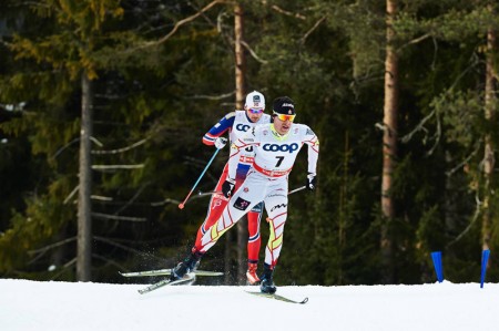 Niklas Dyrhaug (NOR) and Alex Harvey (CAN), (l-r) each moved up the overall Tour de Ski results.  (photo: Fischer / Nordic Focus)