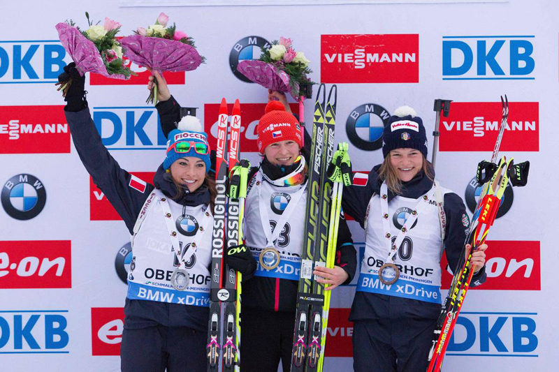 Dorothea Wierer (ITA), Veronika Vitkova (CZE) and Nicole Gontier (ITA) take the IBU biathlon World Cup podium in Oberhof, Germany. (Fischer/NordicFocus)