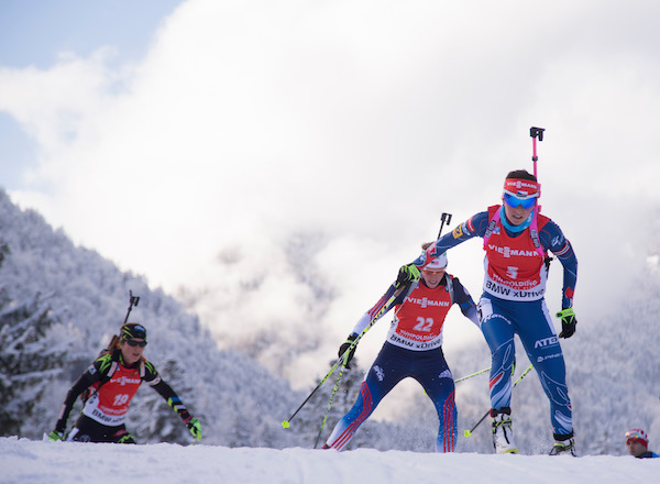 Veronika Vitkova of the Czech Republic, eventually the third-place finisher in Sunday's 12.5 k mass start in Ruhpolding, Germany, leads American Susan Dunklee in the third loop of the course. (Photo: USBA/NordicFocus.com)